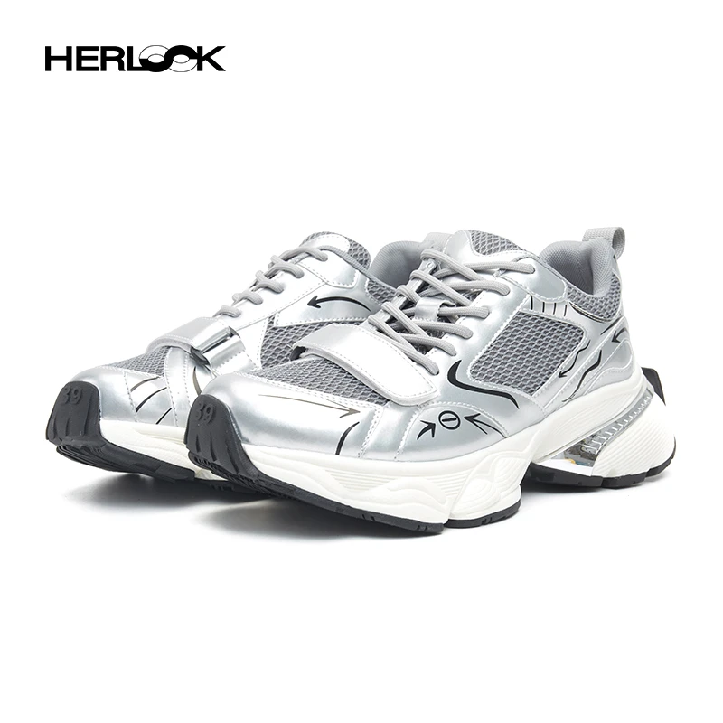 HERLOOK歪头魔术贴休闲鞋女银色百搭炸街厚底增高美式老爹鞋时尚