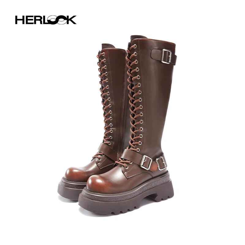 HERLOOK擦色系带厚底骑士靴女小个子增高显瘦圆头美拉德长筒靴