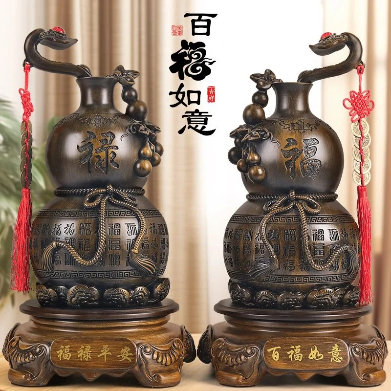 《百福如意葫芦(一对)》大叶紫檀木纹大号福禄平安居家办公装饰摆件