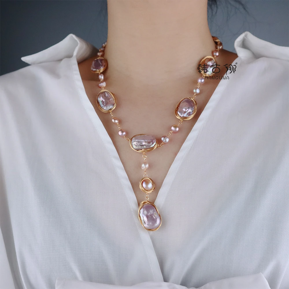 铜合金项链 天然不规则巴洛克珠项链女小众毛衣链复古珠宝锁骨链