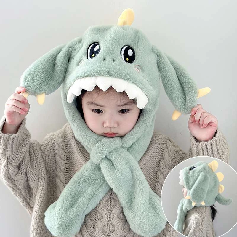 儿童帽子围巾一体恐龙耳朵会动男女童冬季毛绒保暖加厚宝宝护耳帽