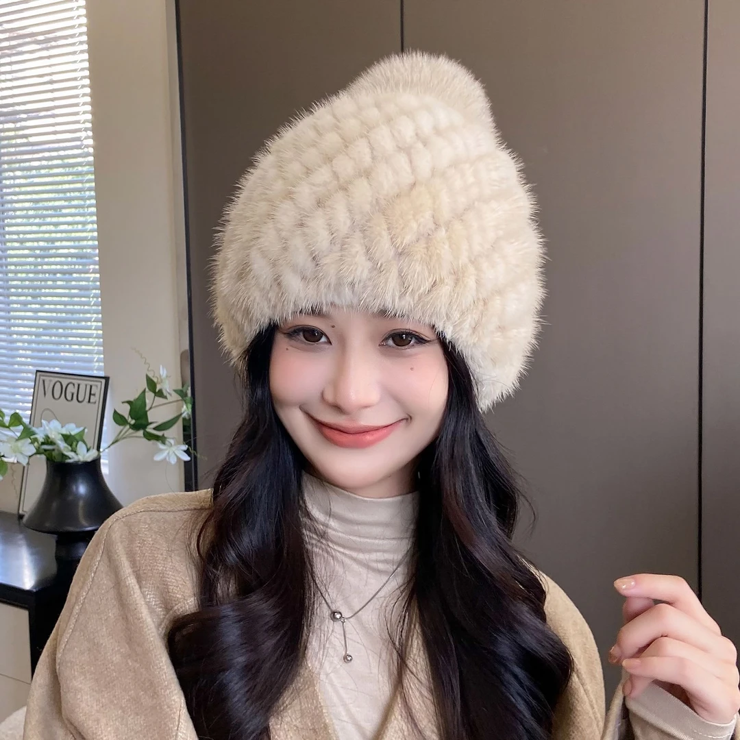 水貂毛帽子女菠萝帽单球保暖皮草冬季加厚护耳帽狐狸毛球