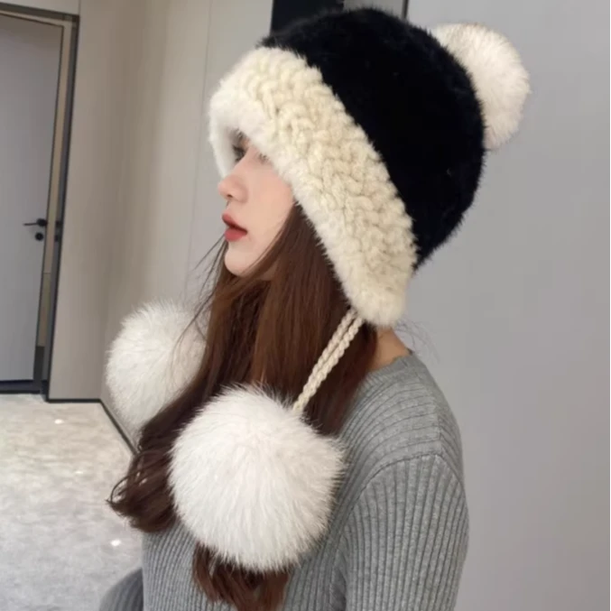 新款水貂毛护耳帽横编织长球款冬季保暖加厚加密貂皮帽狐狸毛球