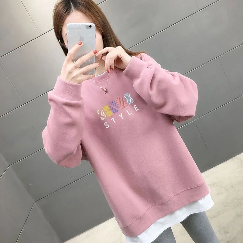 加厚秋冬新款韩版简约薄款假两件字母印粉红色中长款卫衣女潮百搭