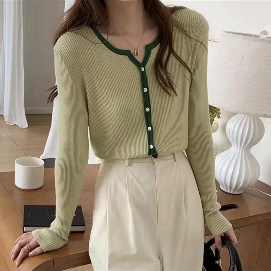 针织小开衫含绵羊毛！撞色剪刀领！开衫女款洋气薄款J13