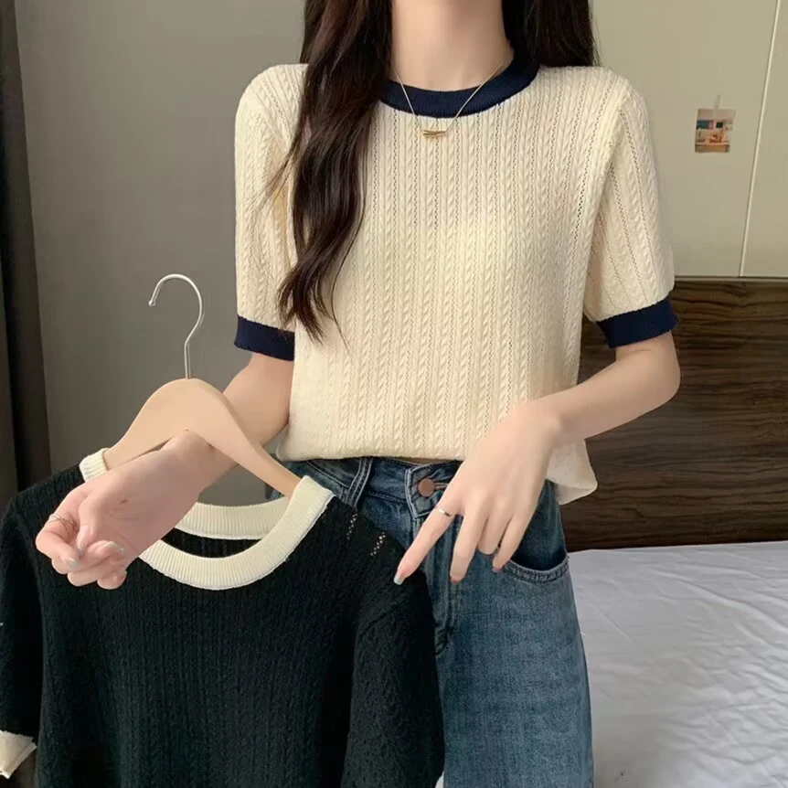 撞色软糯针织衫女圆领短袖2023春夏新款套头韩版宽松百搭毛衣上衣