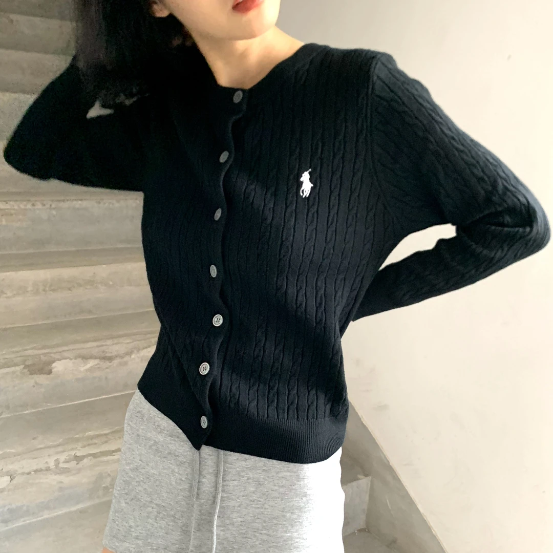 战马刺绣针织开衫韩系百搭显瘦短款麻花毛衣外套女秋冬气质上衣女