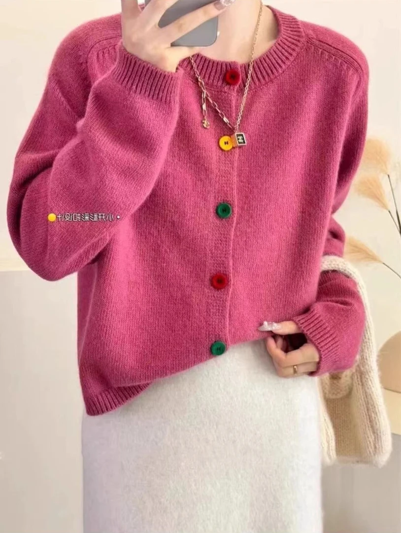 彩色纽扣针织开衫温柔显瘦圆领毛衣开衫2024年早春新款外套女9985