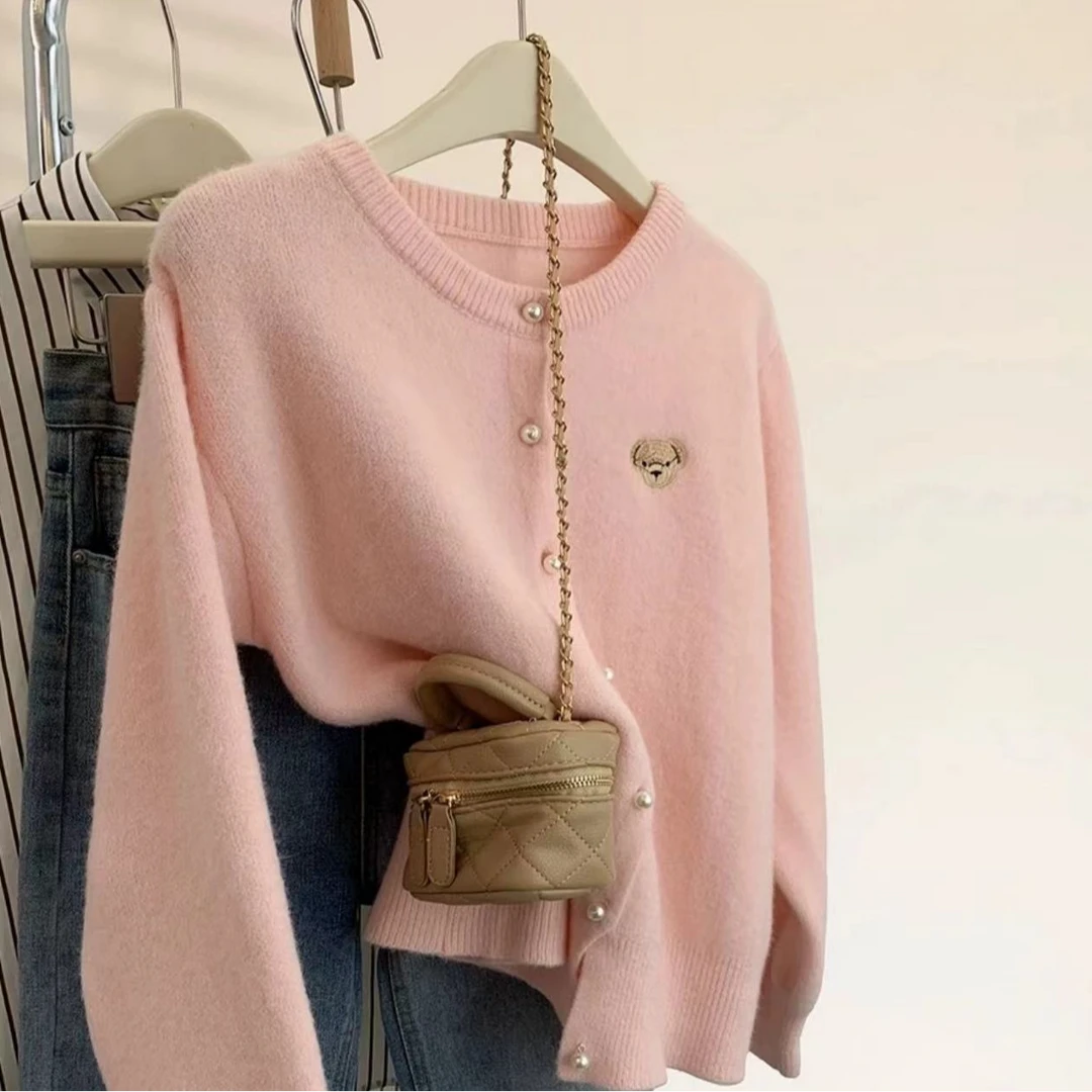 花倾慕小熊刺绣针织开衫女春秋软糯宽松圆领上衣超好看毛衣外套