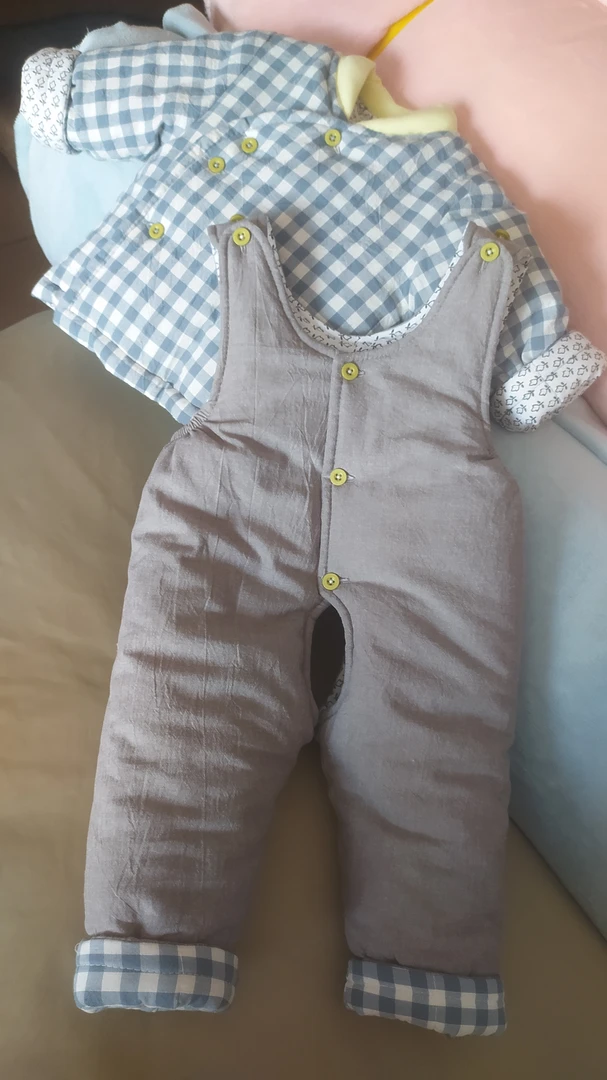 宝宝手工棉衣棉花衣新生儿婴幼儿保暖开档棉花衣蓝色冬季格子加厚