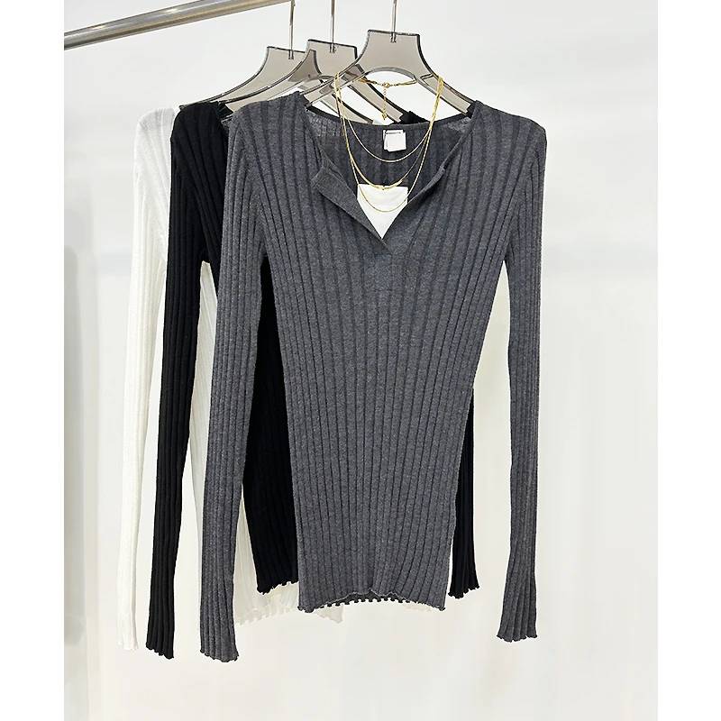 KIM 北欧小众 极简设计 深V领坑条长袖针织衫打底衫女春季修身