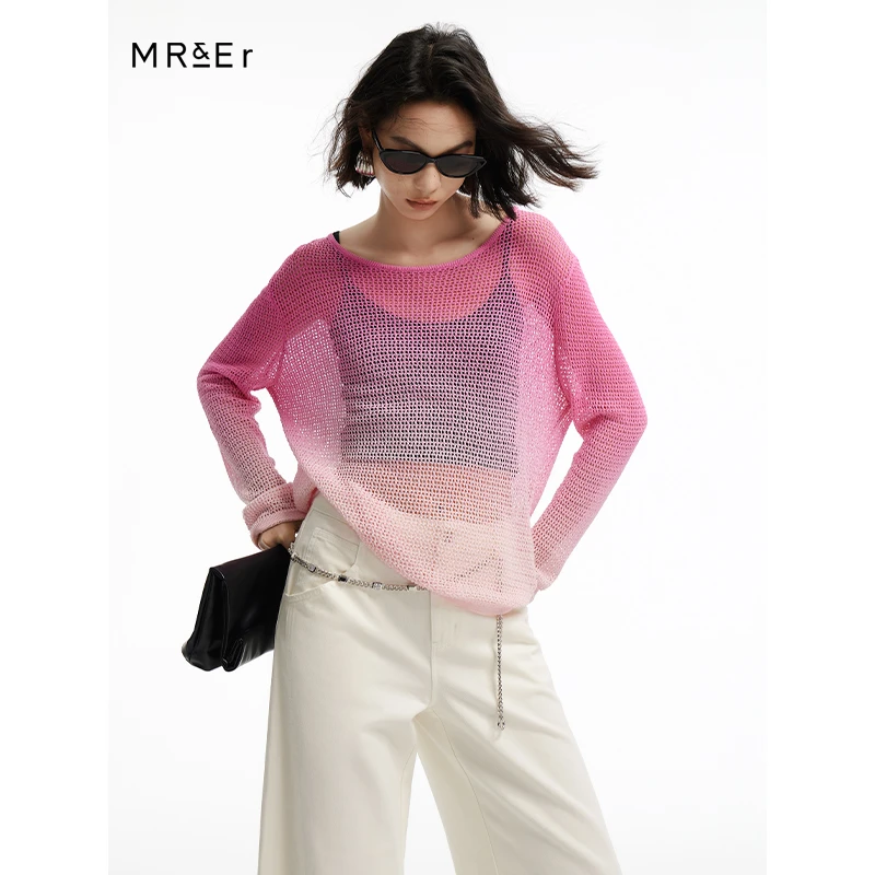 镂空罩衫上衣女宽松慵懒风渐变圆领套头针织衫R4A55164