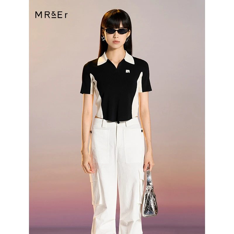 【尚雅】撞色刺绣高腰短款针织衫薄款显瘦上衣R4A51323