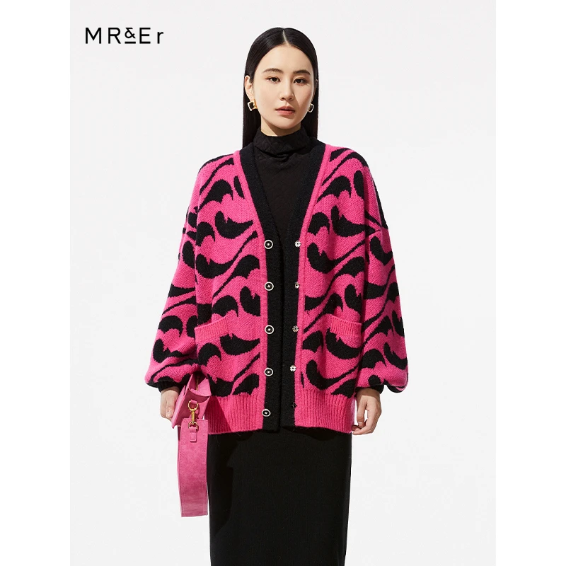 【诗语专属】气质V领波浪提花设计针织开衫外套R3D55362