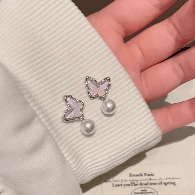 合金耳饰 【35号】蝶舞~渐变蓝粉锆石蝴蝶贝珠春夏高级感小众耳饰