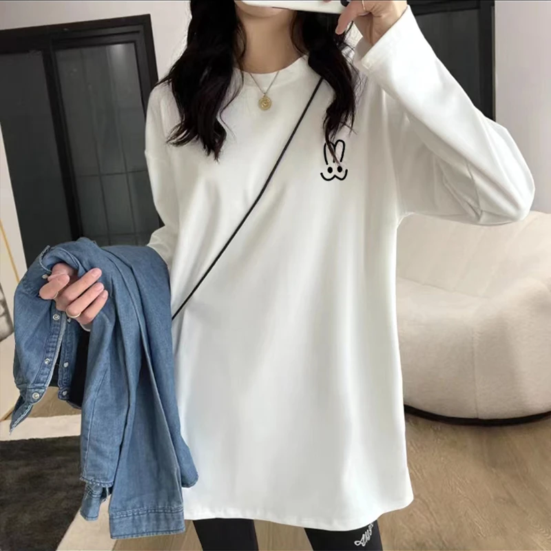 休闲打底衫女秋冬洋气内搭长袖t恤上衣宽松简约百搭中长款正肩t恤