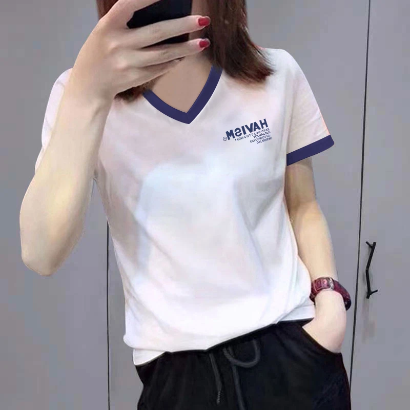 婳娇2025年新款夏季V领拼接撞色正肩短袖t恤女装宽松显瘦百搭上衣