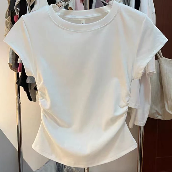 短袖t恤女2025新款设计感显瘦褶皱短款亲肤上衣纯色体恤夏季修身