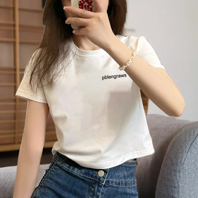 婳娇夏季新款白色宽松短款纯棉正肩短袖t恤女夏季小个子上衣百搭
