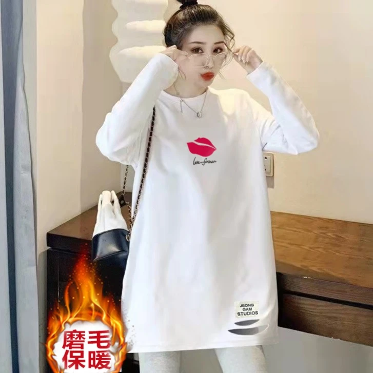 白色长袖t恤女中长款韩版宽松磨毛上衣加厚内搭破洞打底衫秋冬季