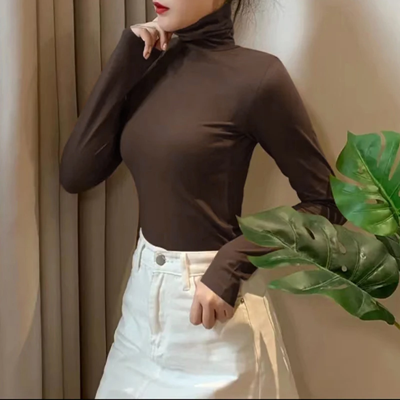 纯色百搭堆堆领打底长袖女2025年新款显瘦T恤修身小个子内搭上衣