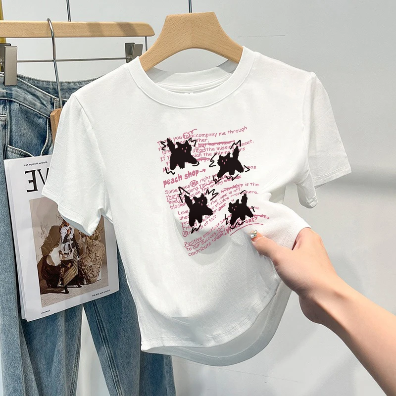 不规则正肩短袖T恤女夏季小个子短款修身显瘦学生圆领白色上衣服