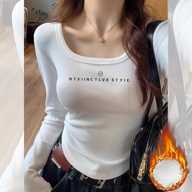 婳娇方领正肩长袖t恤女秋冬2025新款德绒加厚洋气弧形显瘦上衣潮