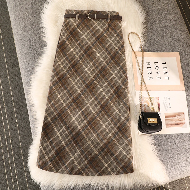 格子复古毛呢半身裙女2025秋冬高腰A字包臀开叉格纹长裙配腰带