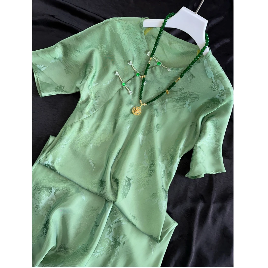 2298-常熟新中式万里河山提花国风气质日常显瘦鱼尾连衣裙