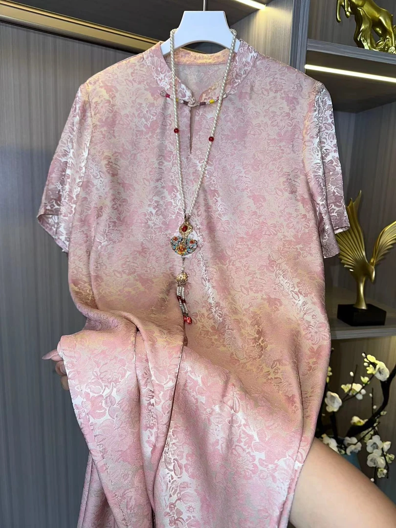 2205-常熟新中式气质夏季新款女士宽松连衣裙紫色长款连衣裙