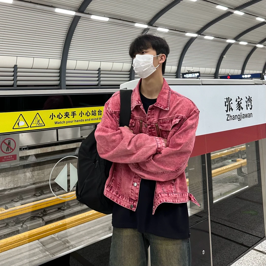 美式做旧复古水洗拉链拼接设计感中性牛仔衣ins外套夹克男女痞帅