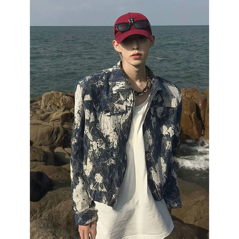 美式短款外套潮牌欧美街头vintage提花满印垫肩夹克巴洛克上衣男