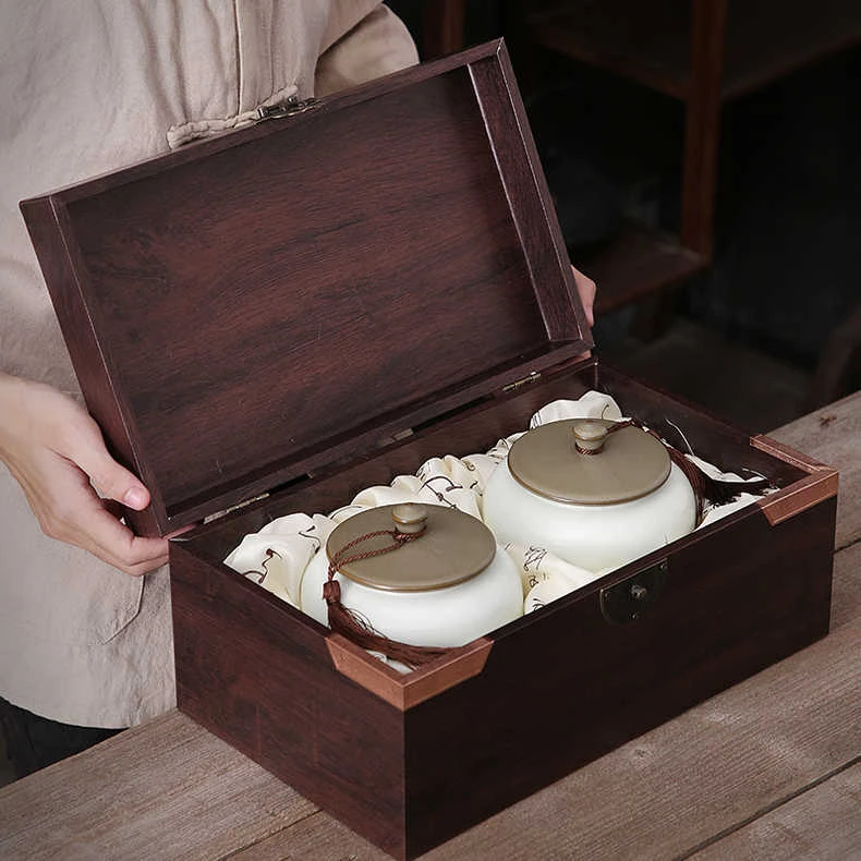 复古山水画高档金骏眉木质礼盒陶瓷罐茶叶礼盒装送长辈过年送礼