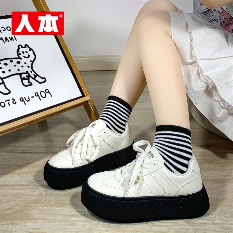 人本女鞋厚底小白鞋春秋季2025新款百搭休闲板鞋运动鞋时尚高能感