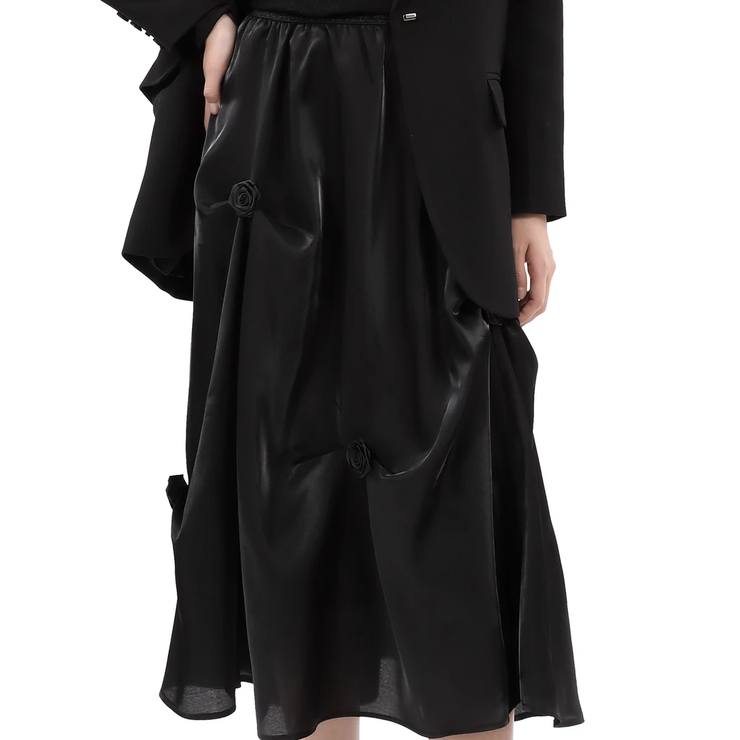 DNCY玫瑰花抽皱半裙气质时尚休闲百搭女士黑色宽松潮流DA34622285