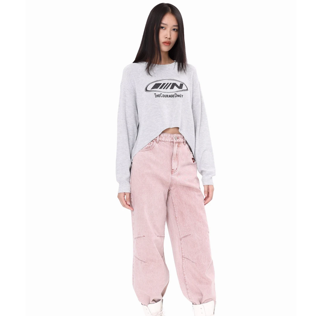 DNCY24春绣花阔腿牛仔裤高腰长袖直筒时尚休闲百搭宽松DA41221115