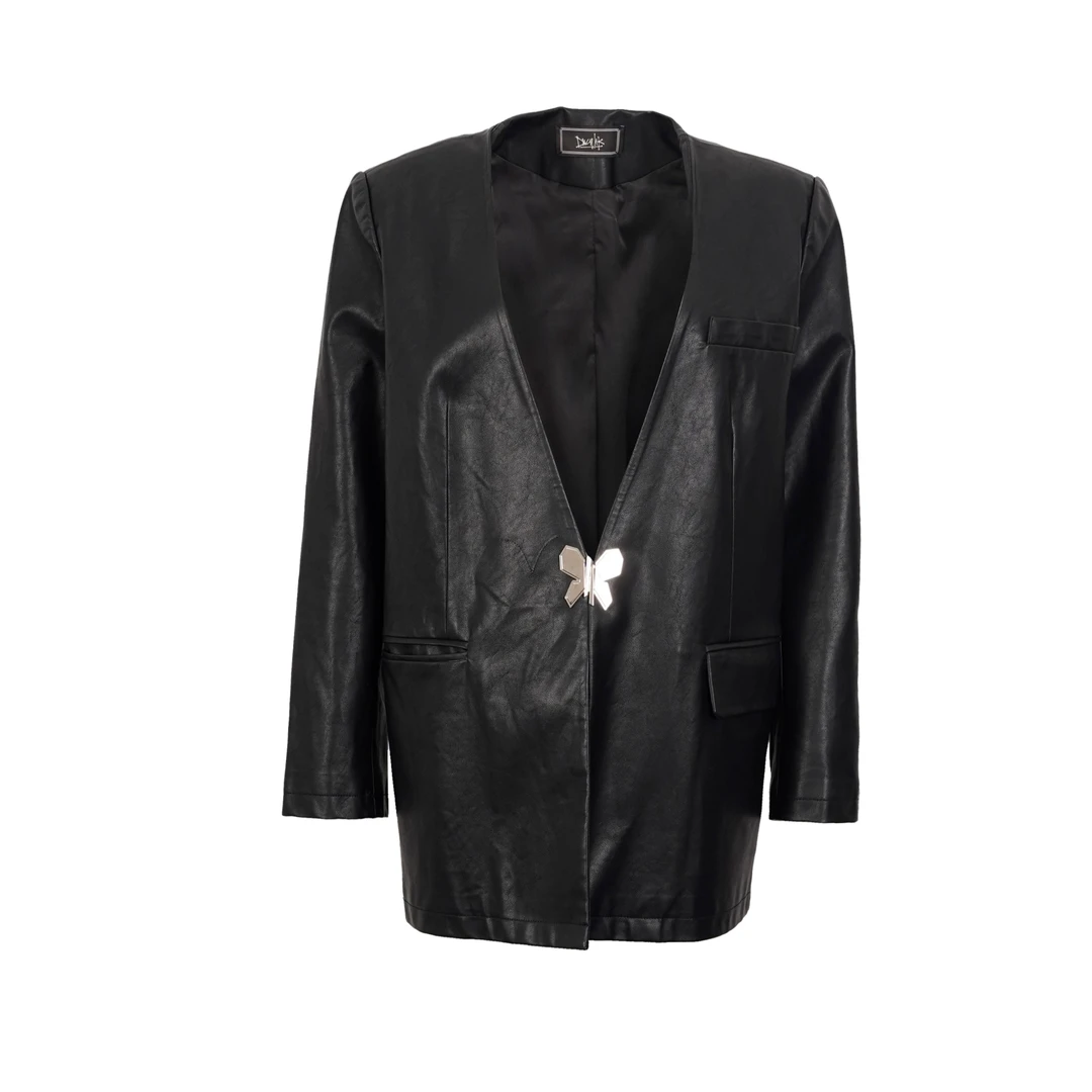 DNCY金属扣PU外套黑色西服气质网红轻奢短款时尚DA41106191