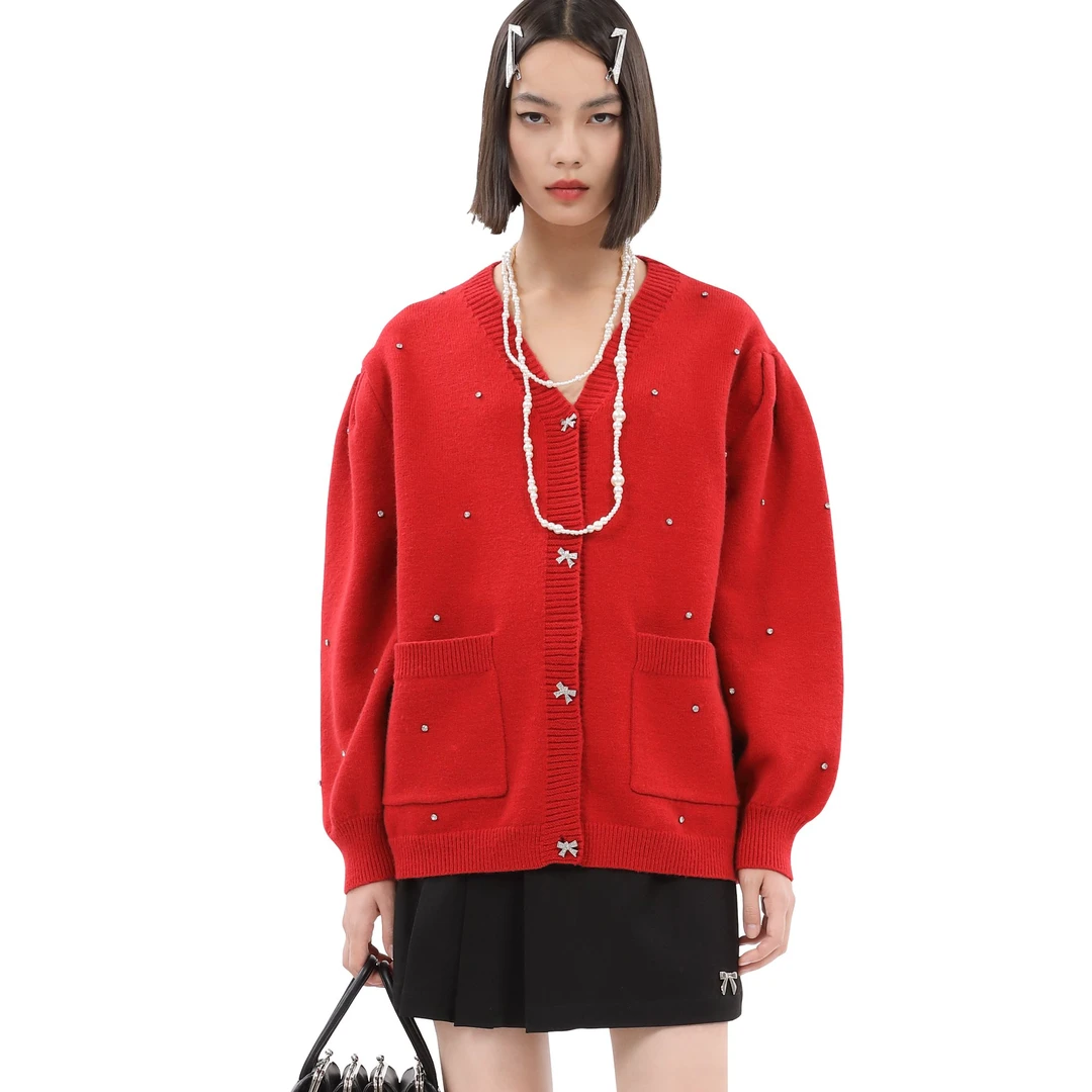 DNCY钉钻针织开衫短款时尚百搭红色羊绒宽松圆领DA34606217