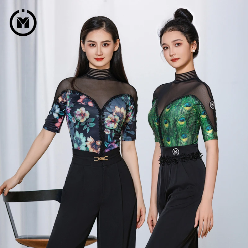 IAMYC摩登舞服连体上衣女新款网纱高领功服国标舞服B10094