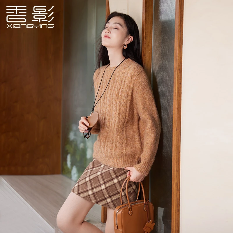 N844337毛针织衫 香影落日橘麻花套头毛衣女2024冬季宽松慵懒风
