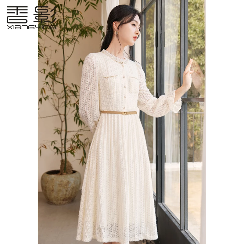 Q844287连衣裙 香影绒感蕾丝连衣裙女长袖2024秋冬季新款配大衣