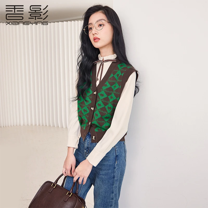 Z3111860马夹 香影针织马甲背心女2024秋冬新款慵懒风宽松菱格