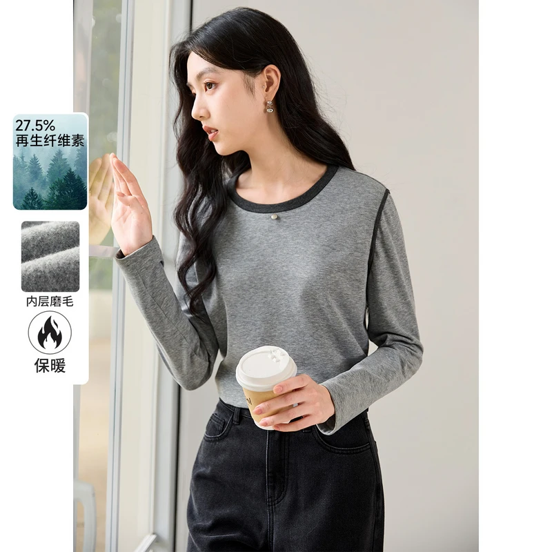 【金拐子专属】X844035 T恤 香影休闲女长袖2024秋冬新款圆领正肩撞