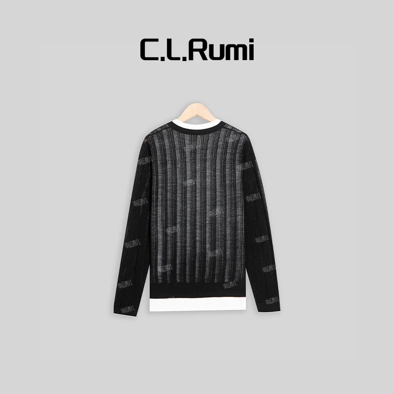 【Rumi女装】出口单上衣时尚百搭镂空圆领拼色羊毛针织衫4742sy