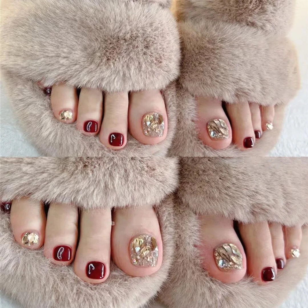 酒红镶钻脚指甲贴片美甲成品高级感脚趾穿戴甲贴脚甲片显白脚趾甲