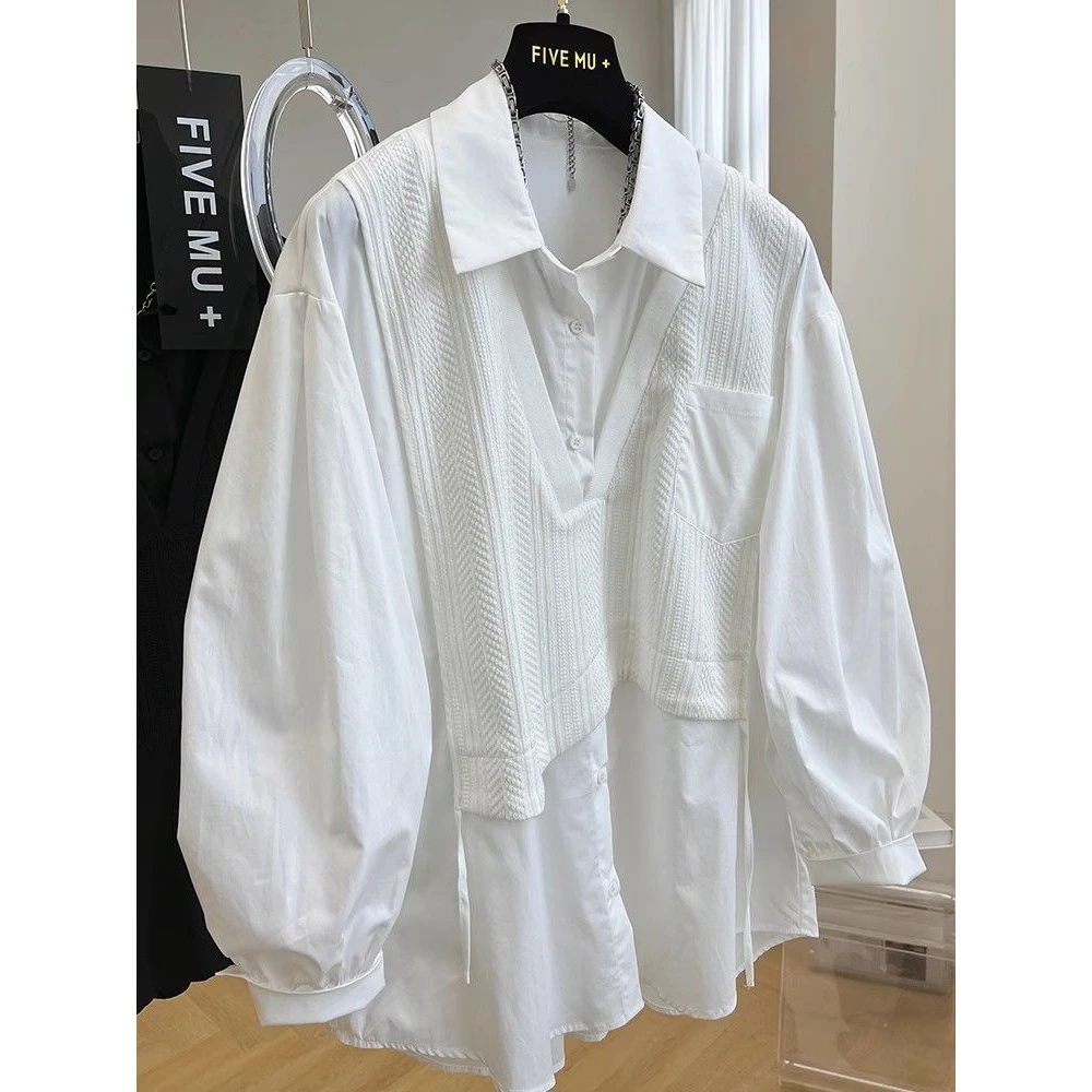 胖MM特大码300斤欧货背心拼接假两件长袖衬衫女春秋宽松法式上衣2