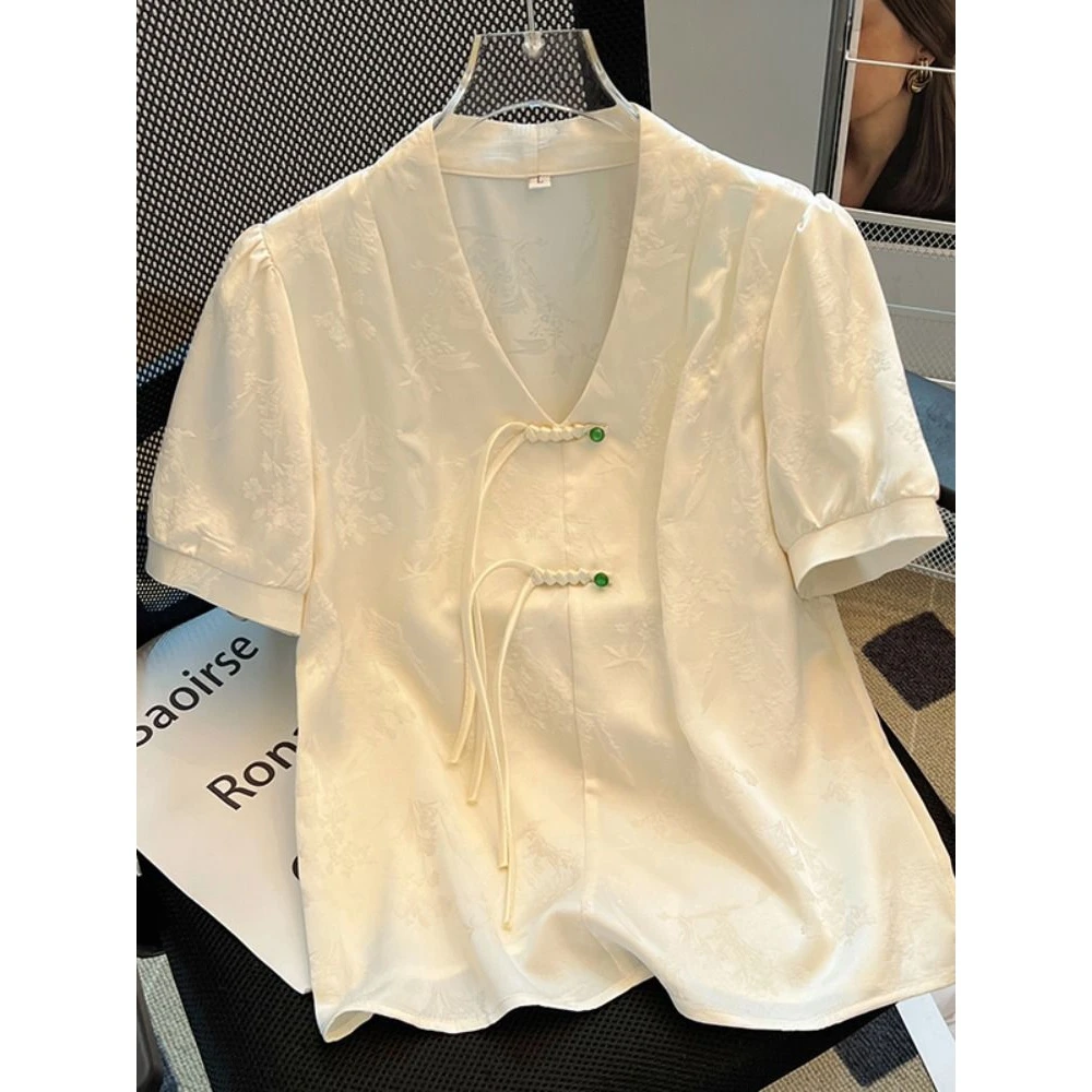 特大码300斤胖MM新中式盘扣短袖夏季新款V领国风气质上衣别致小衫