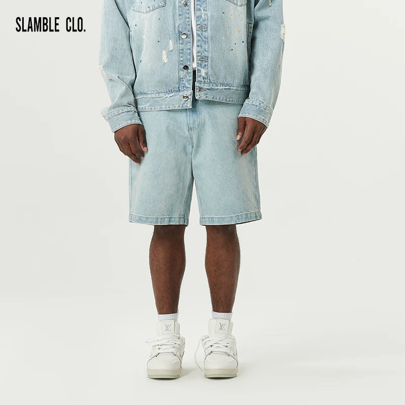 SLAMBLE CLO.新款水洗纹牛仔短裤美式休闲男女宽松直筒五分裤