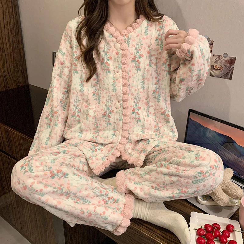 珊瑚绒睡衣秋冬款女加绒加厚甜美少女开衫法兰绒长袖家居服套装冬