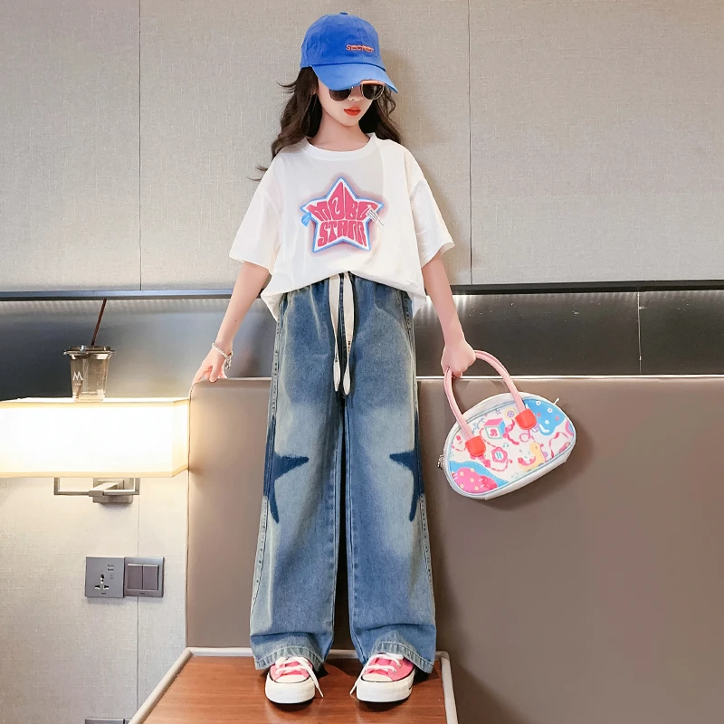 女童牛仔裤2023春秋新款韩版洋气大儿童直筒阔腿裤秋季长裤子潮酷